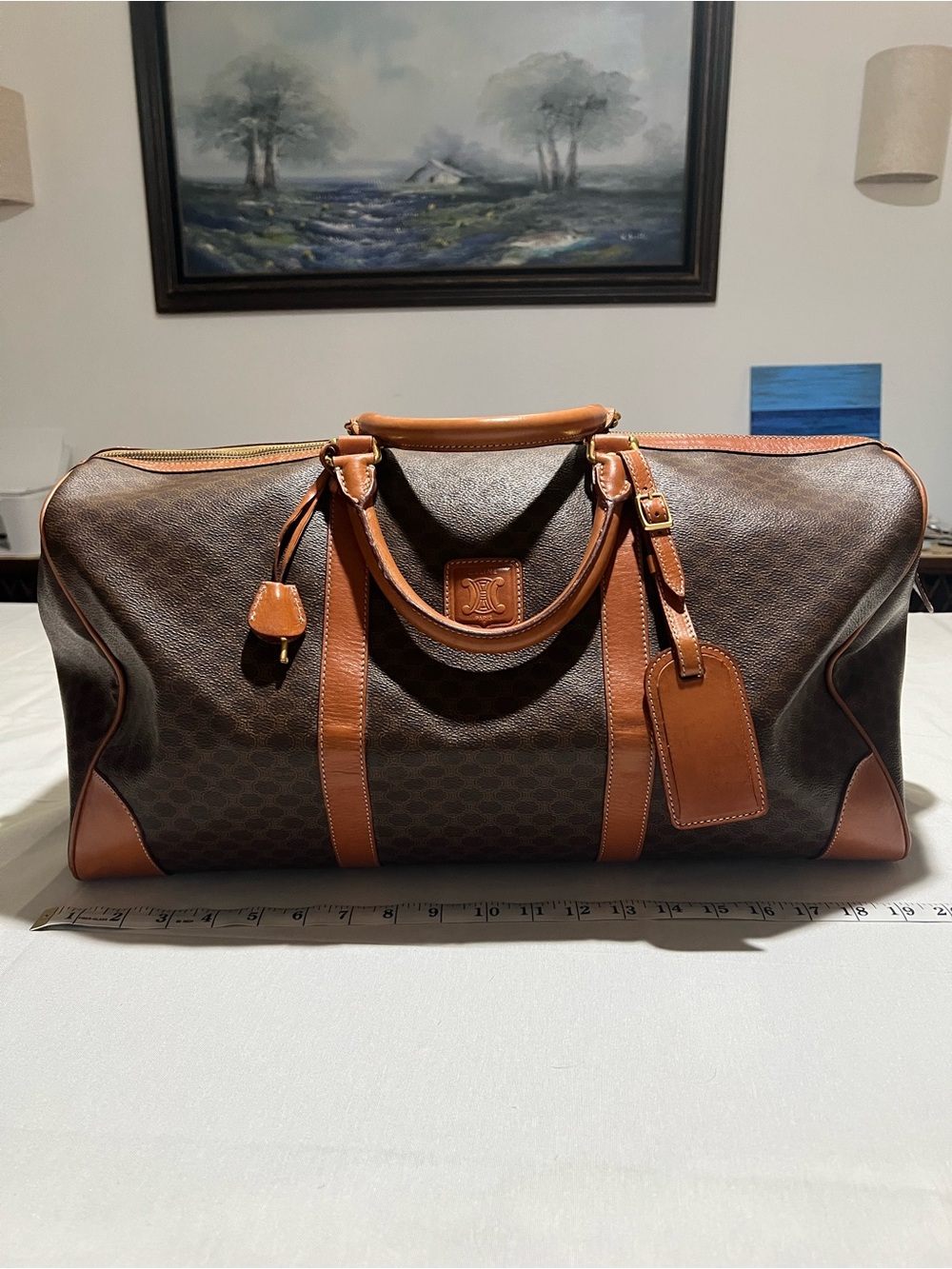 Classic Celine Brown Leather-Trim Travel Duffel Bag